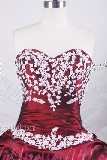 Ruched Wine Red Tiers Sweep Train Dress for Sweet 15 with White Appliques
